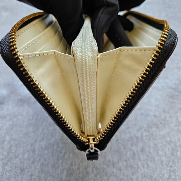 Kate Spade Zip Around Leather Wallet Organize Black White Bow Gold Accents - Picture 13 of 16